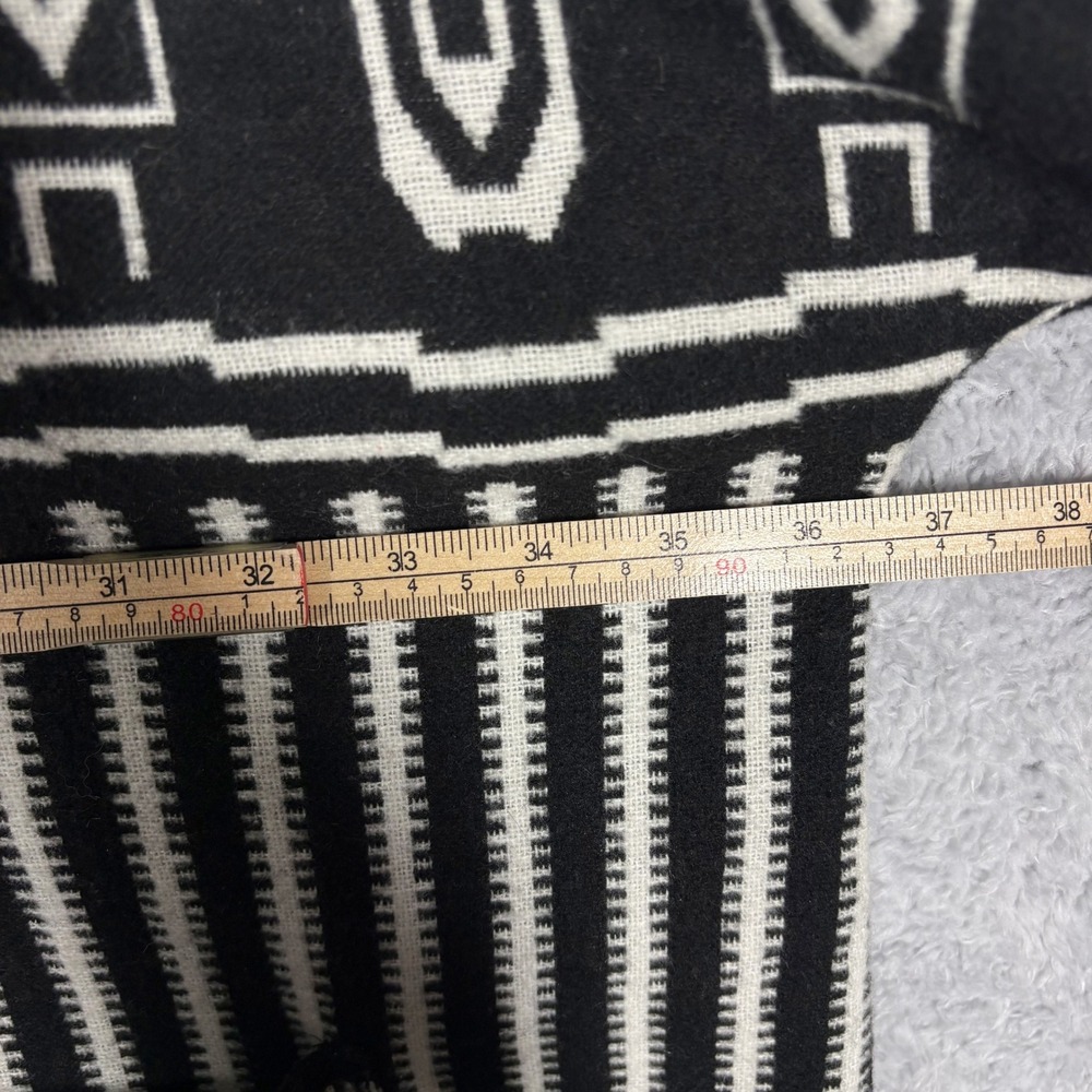 Madewell Hooded Poncho Blanket Jacket Sz L Black White Stripe Wool Blend Fringe - Picture 3 of 8